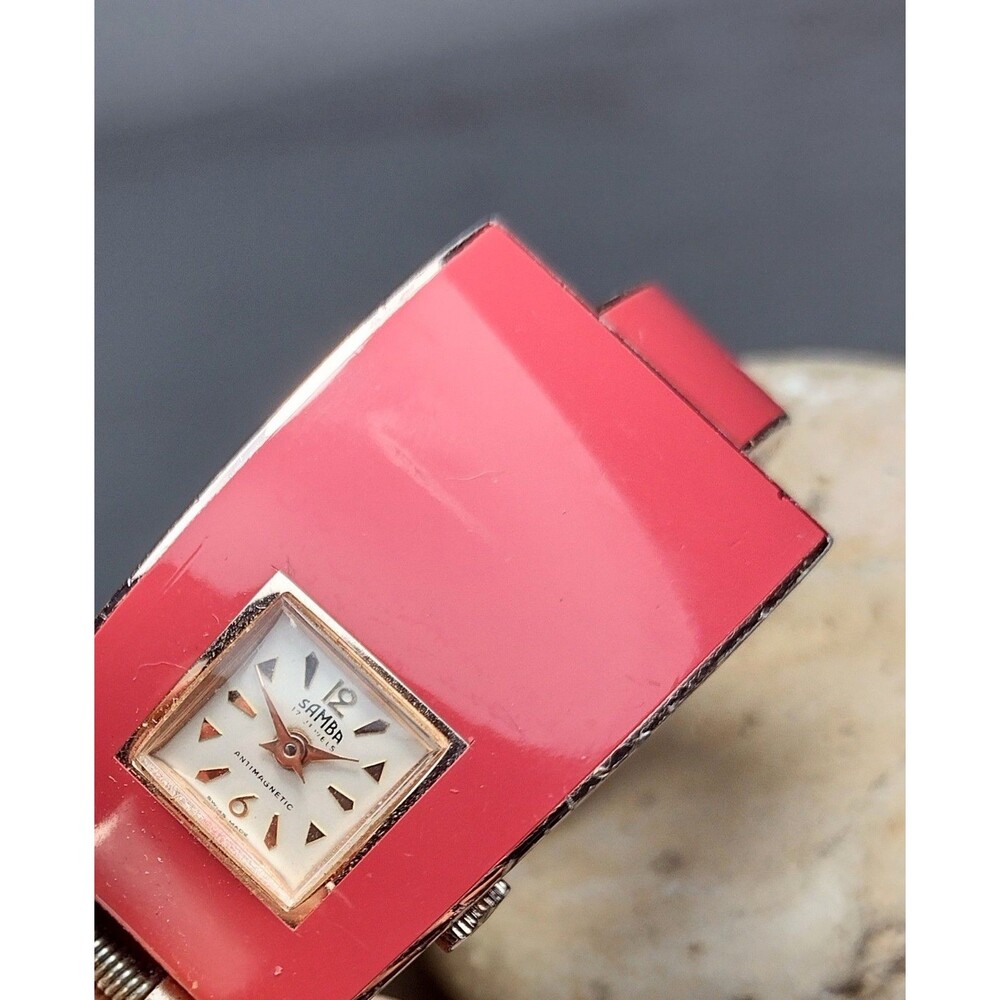 Vintage Samba Cuff Bracelet Watch Enamel Birds 1940s 50s - Picture 4 of 8